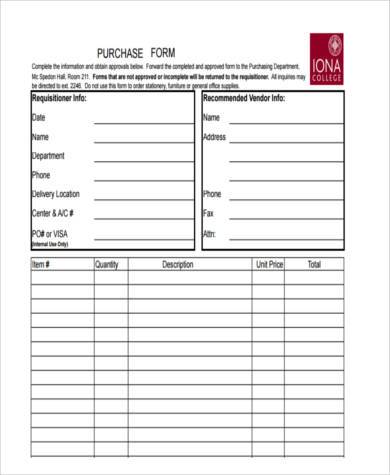 free purchase form example
