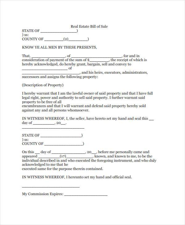 free real estate bill of sale form