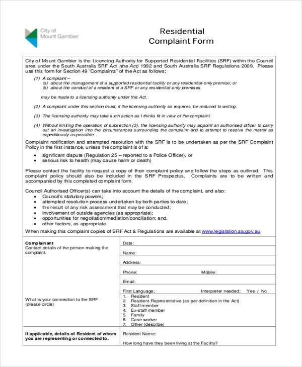 free residential complaint form