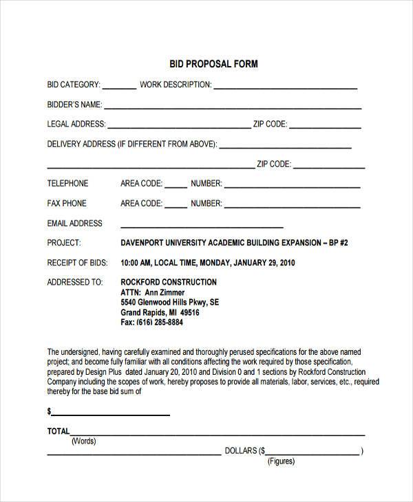 free sample bid proposal form