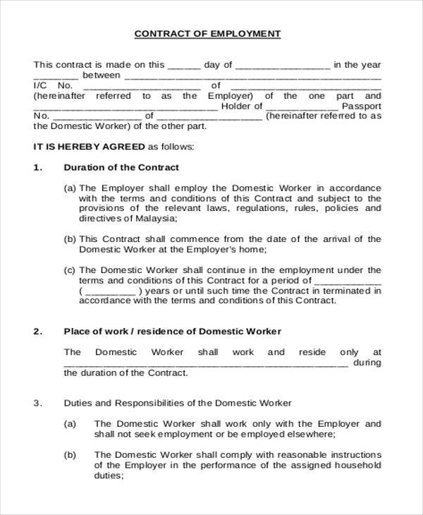 Free Sample Employment Contract Form