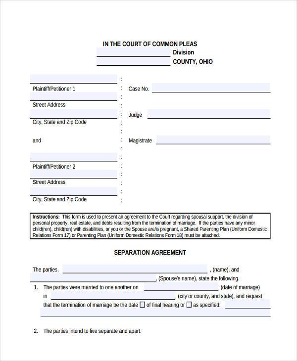 free separation agreement form example