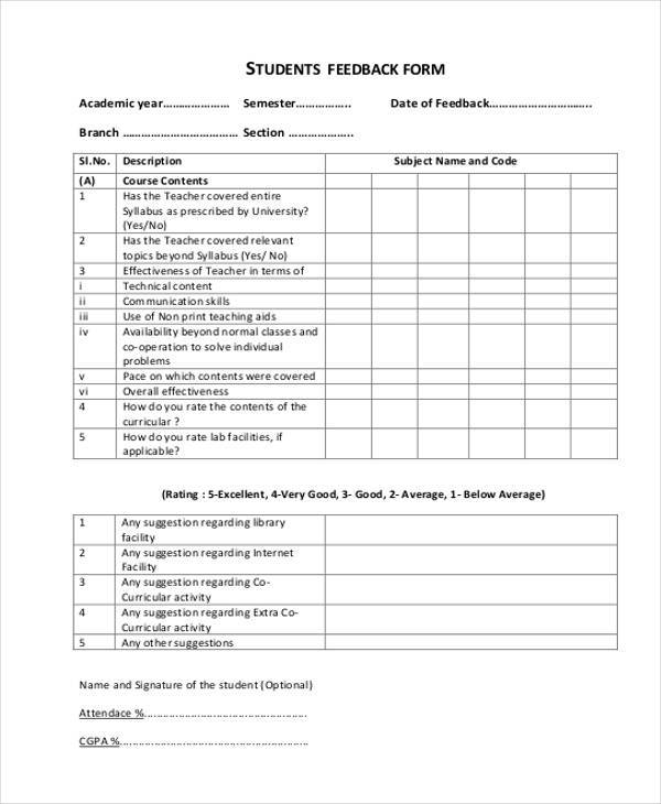 free student feedback form sample