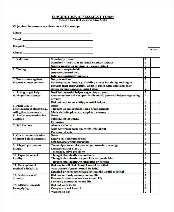 free suicide risk assessment form