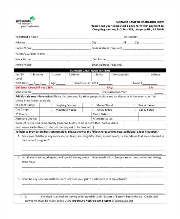 Free 12 Summer Camp Registration Forms In Pdf Excel Ms Word