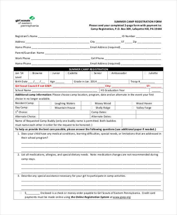 free summer camp registration form