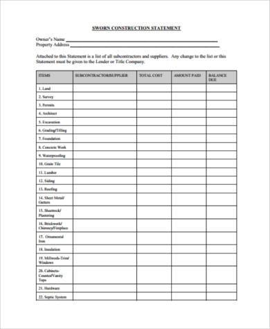 free sworn construction statement form
