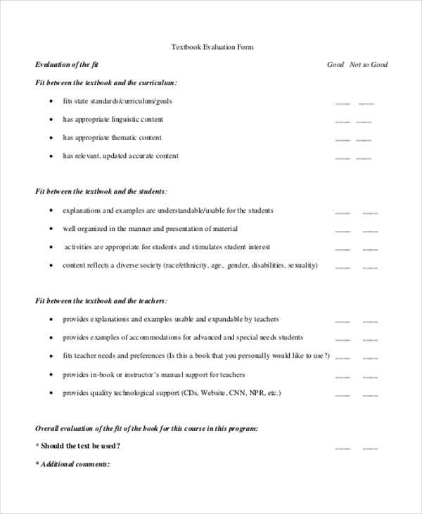 free textbook evaluation form