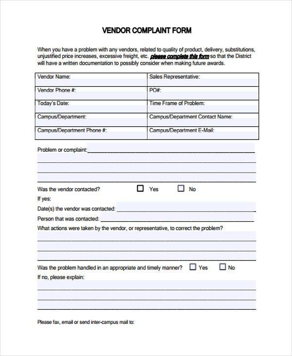 free vendor complaint form
