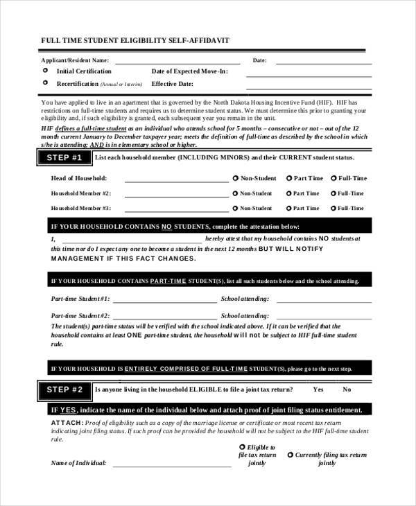 full time student eligibility self affidavit