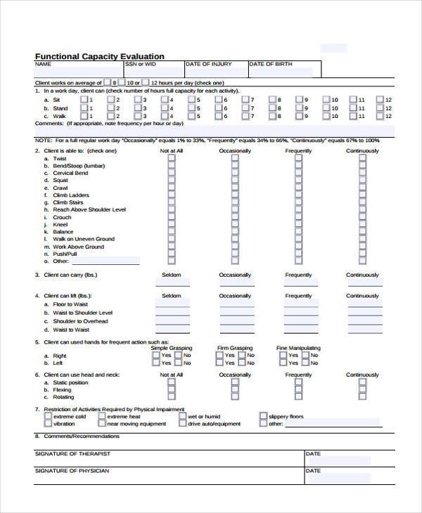 functional capacity evaluation form pdf