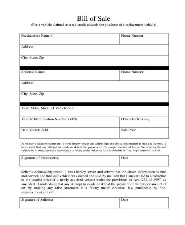 general business bill of sale form