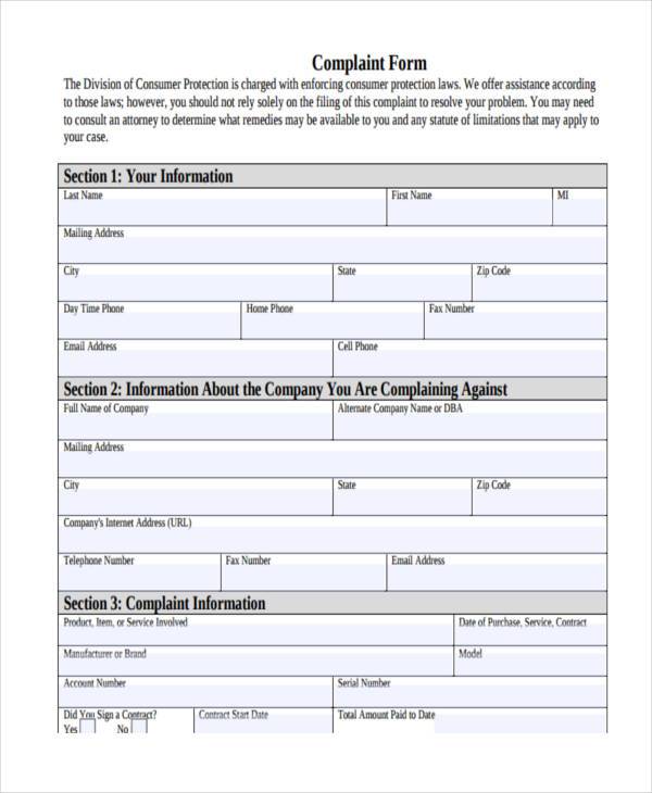 general complaint form example