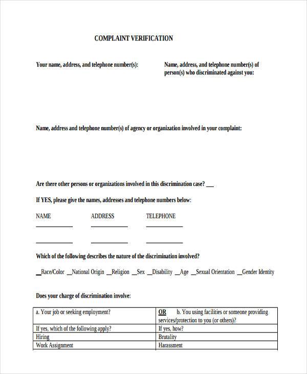 general complaint verification form