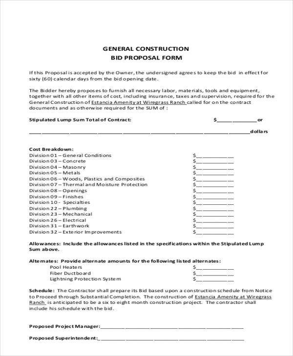 general construction bid proposal form