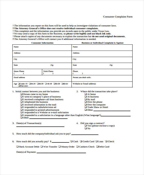 general consumer complaint form example