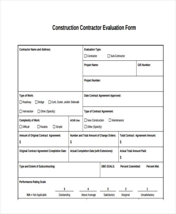 general contractor evaluation form