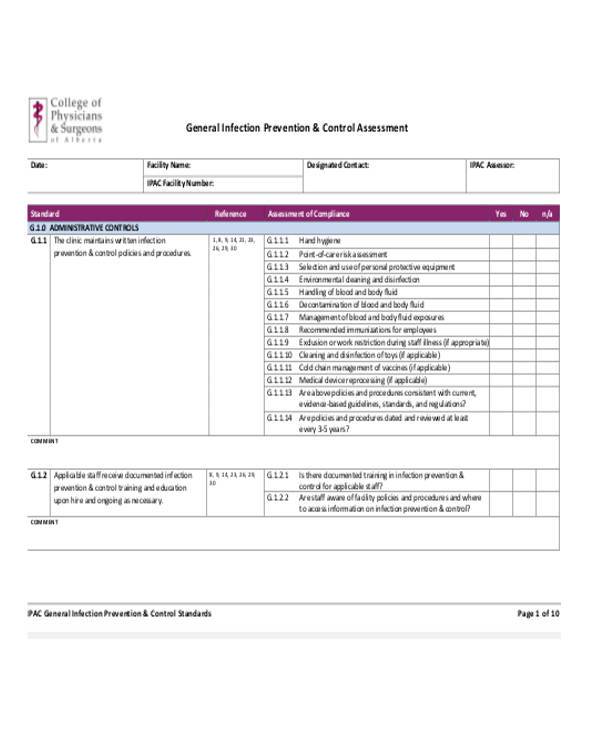 general infection control assessment form