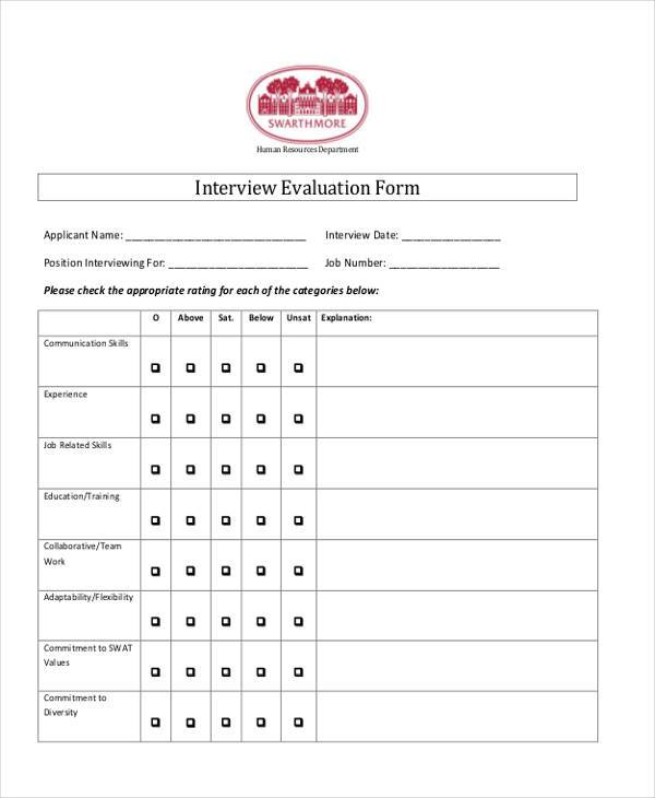 general interview evaluation form
