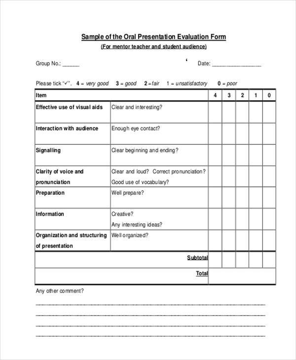 FREE 7+ Sample Oral Presentation Evaluation Forms in PDF MS Word