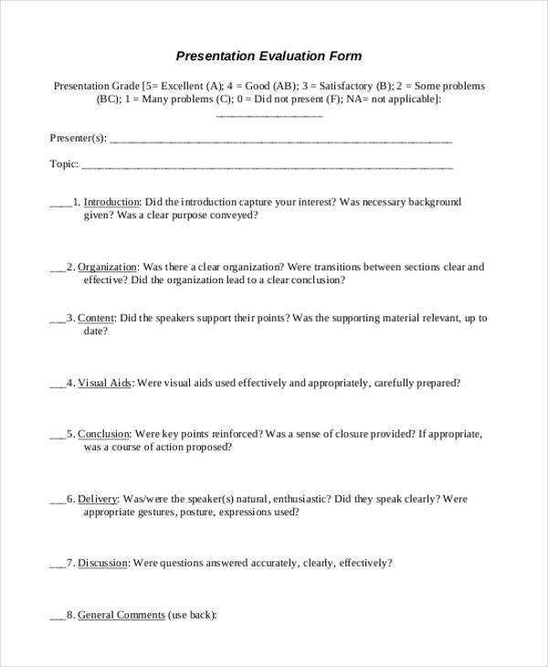 general presentation evaluation form