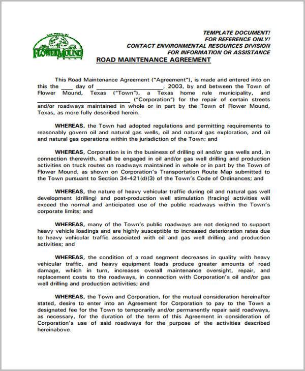 general road maintenance agreement form