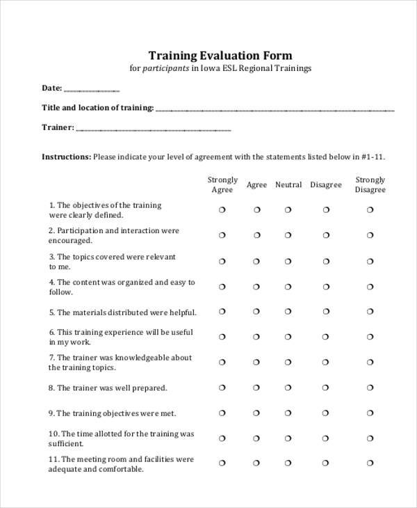 general training evaluation form example