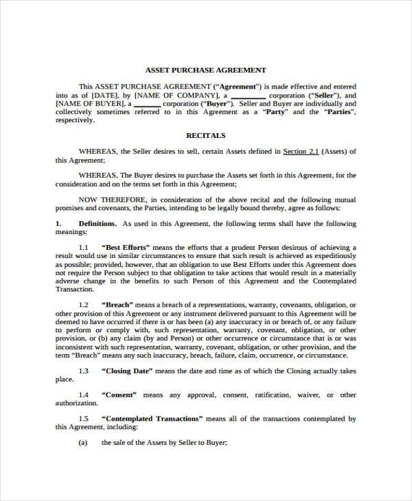 generic asset purchase agreement form sample