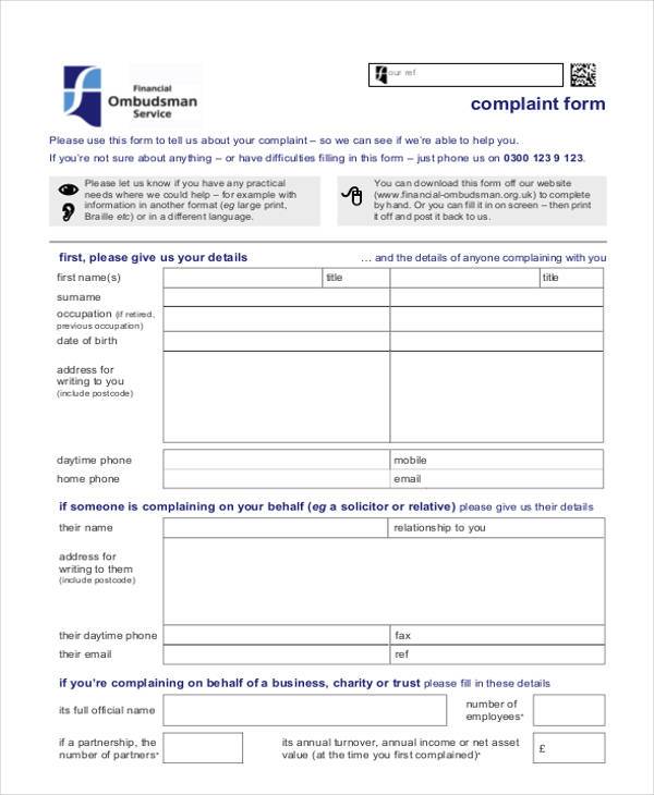 generic blank complaint form sample