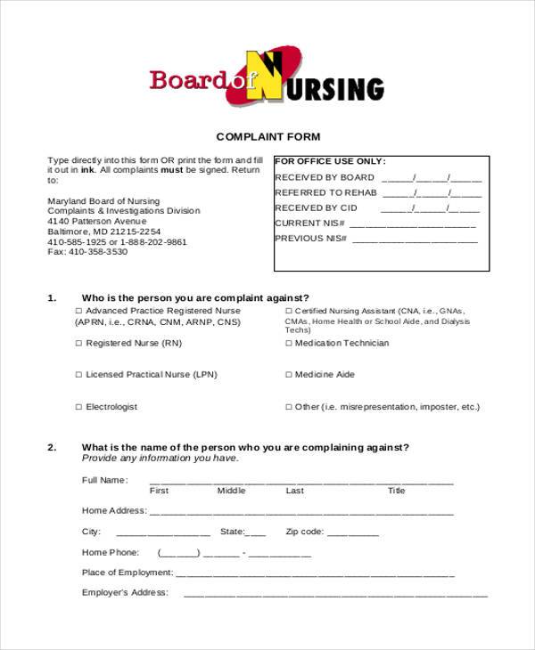 generic complaint form example