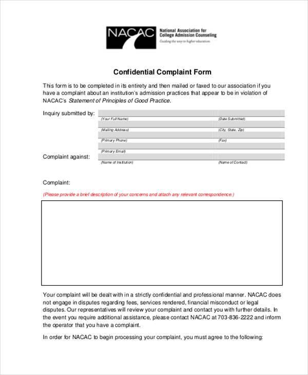 generic confidential complaint form