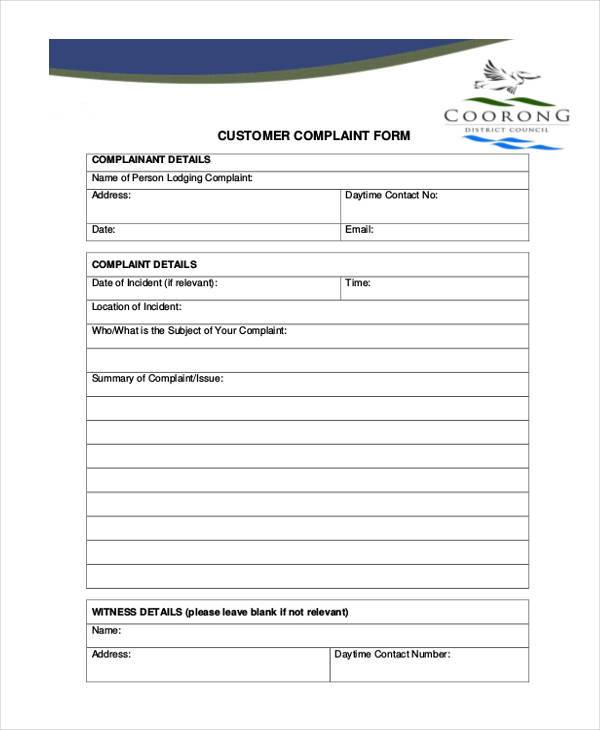 generic customer complaint form