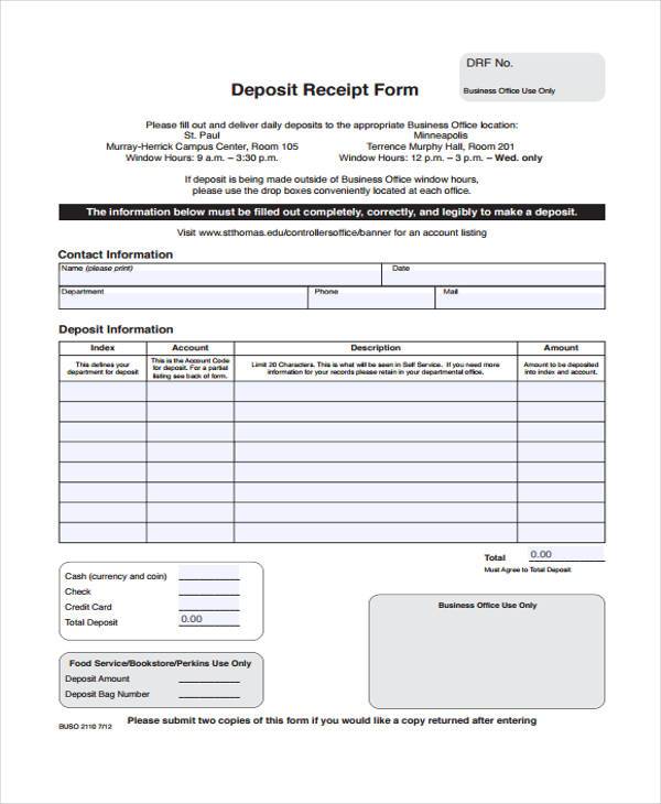 free 8 sample deposit receipt forms in pdf excel ms word