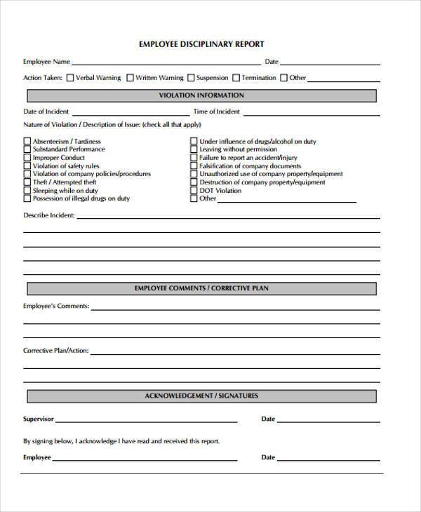 generic employee discipline report form