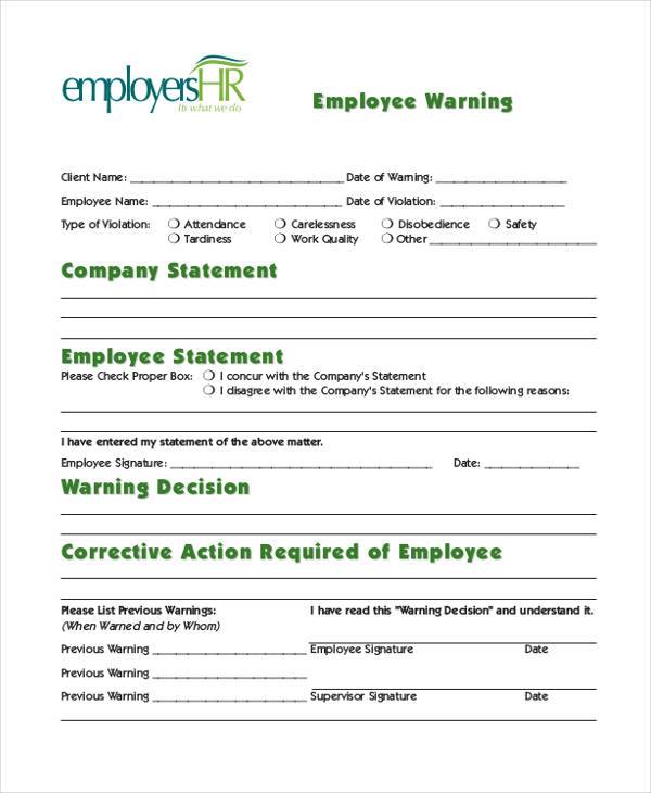 FREE 9+ Sample Employee Warning Forms in PDF | MS Word