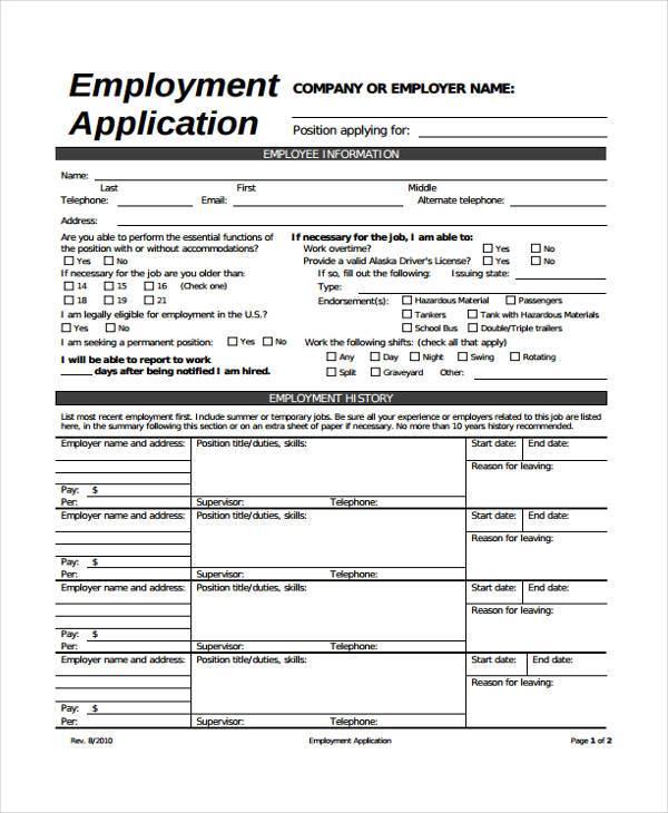 FREE 10+ Sample Employment Application Forms in PDF Excel MS Word