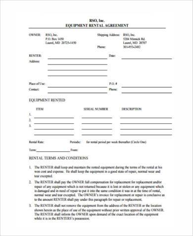 generic equipment rental agreement form