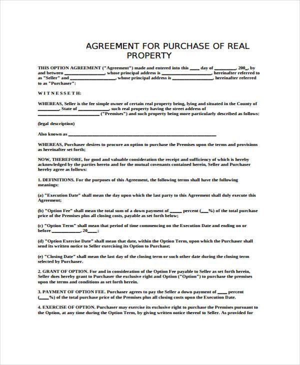 generic purchase property agreement form