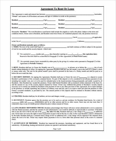 generic rental agreement form example