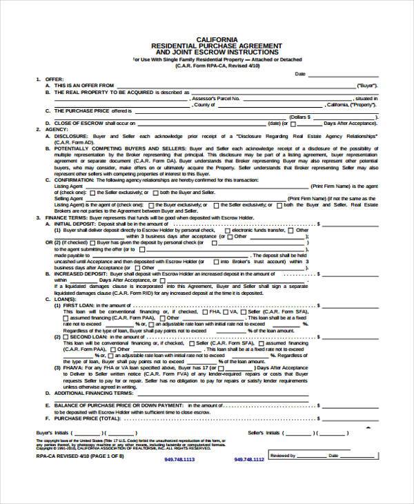 generic residental purchase agreement form