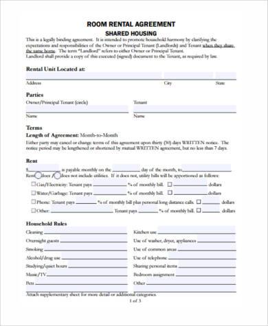 generic room rental agreement form