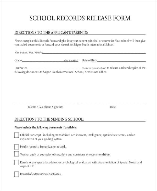 generic school records release form