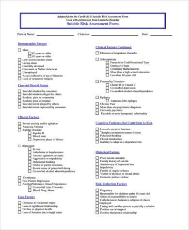 generic suicide assessment form