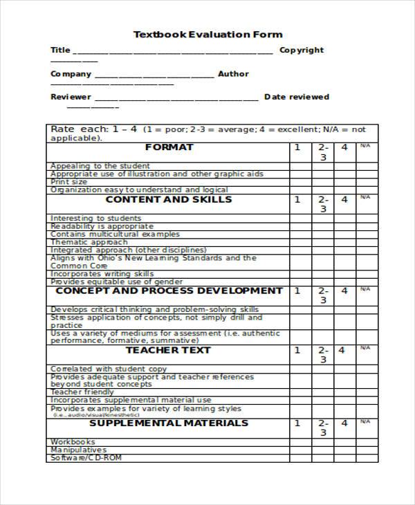 generic textbook evaluation form