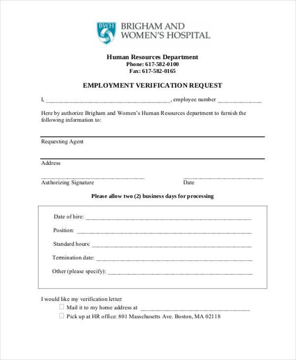 generic verification of employment form