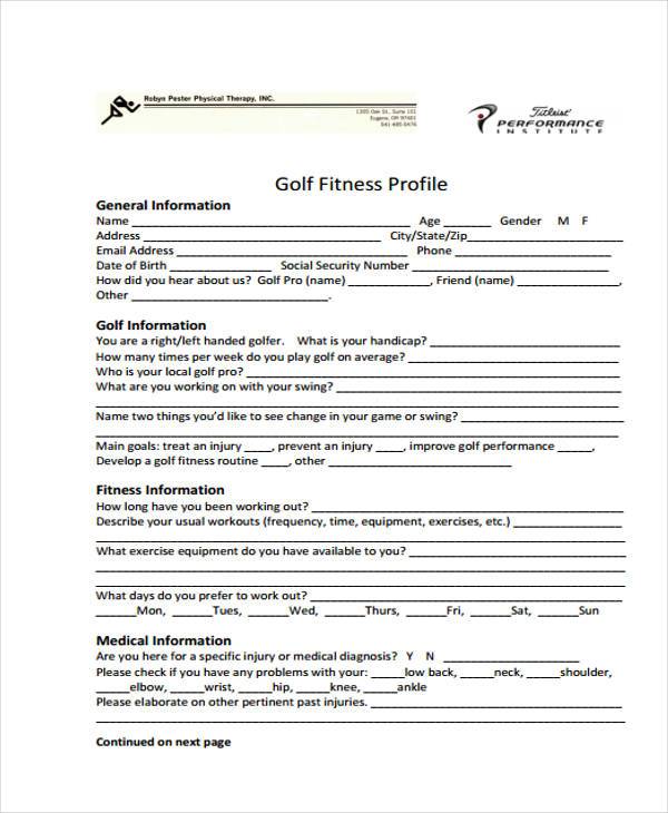 golf fitness evaluation form