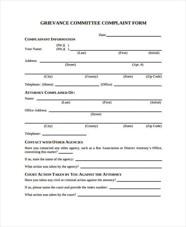 grievance committee complaint form