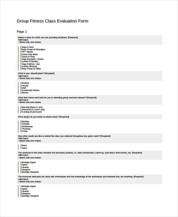 group fitness evaluation form example