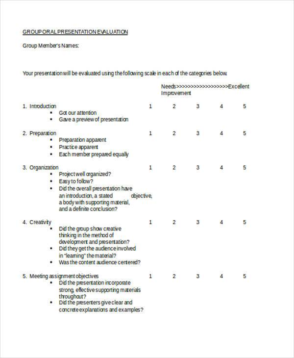 group oral presentation evaluation form