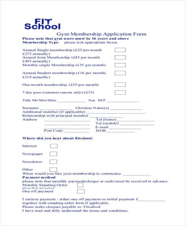 gym membership application form sample